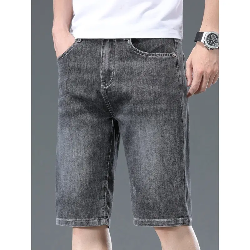 Summer Thin Straight Men's Denim Shorts Washed Elastic Casual Business Classic Shorts China Embroidery Fashion Short Jeans