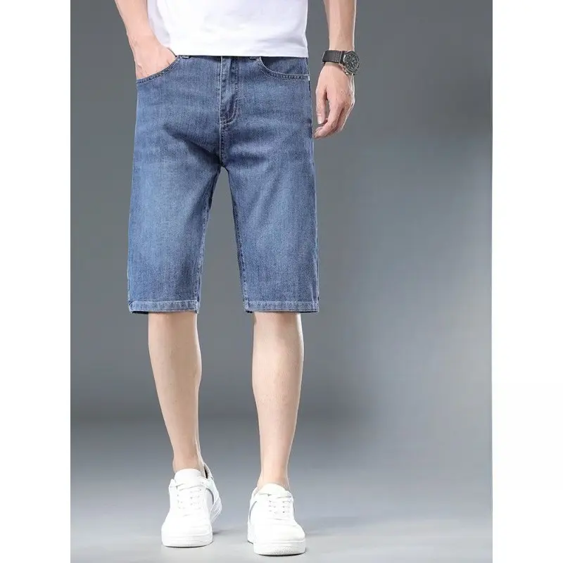Summer Thin Straight Men's Denim Shorts Washed Elastic Casual Business Classic Shorts China Embroidery Fashion Short Jeans