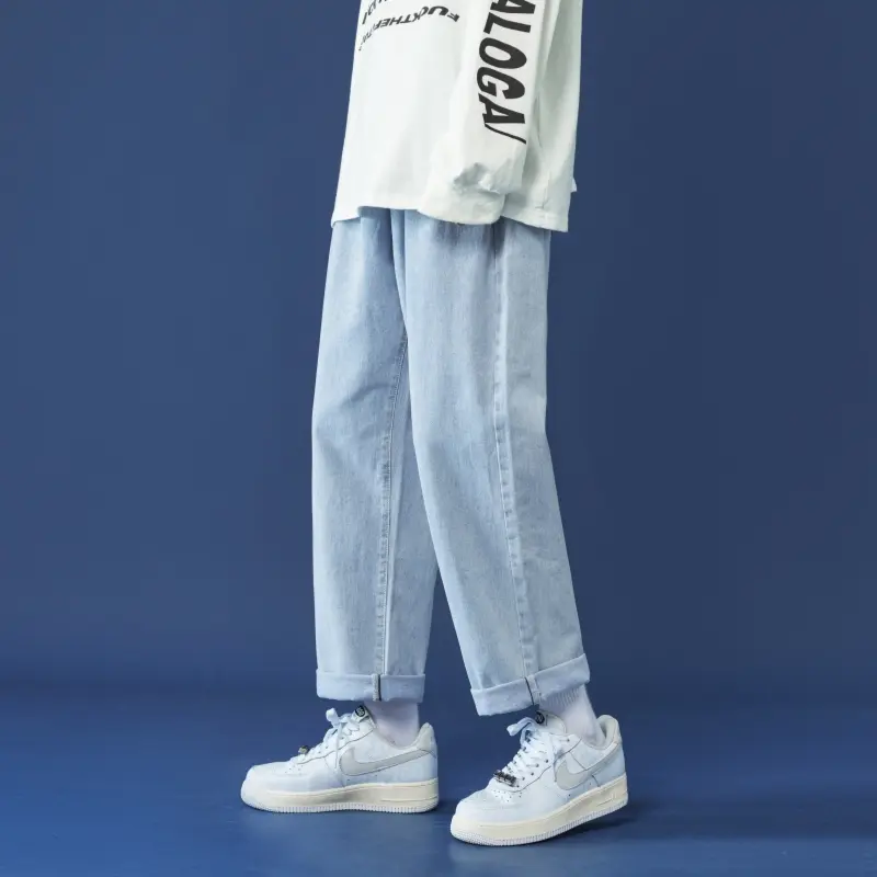 A Pair of Loose, Straight Korean Style Casual Nine-inch Jeans for Spring and Autumn, A Versatile and Trendy Student Baggy Jeans