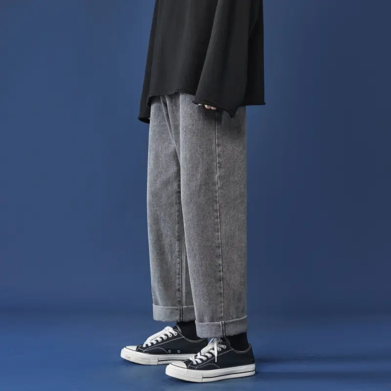 A Pair of Loose, Straight Korean Style Casual Nine-inch Jeans for Spring and Autumn, A Versatile and Trendy Student Baggy Jeans