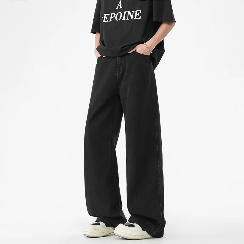 Four Seasons Washed Floor-length Jeans Solid-color Retro Standard  Loose Straight-leg Pants Workwear Casual Pants Humans Jeans