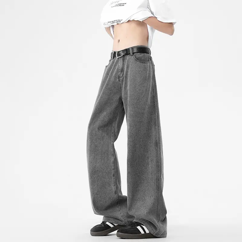 Four Seasons Washed Floor-length Jeans Solid-color Retro Standard  Loose Straight-leg Pants Workwear Casual Pants Humans Jeans
