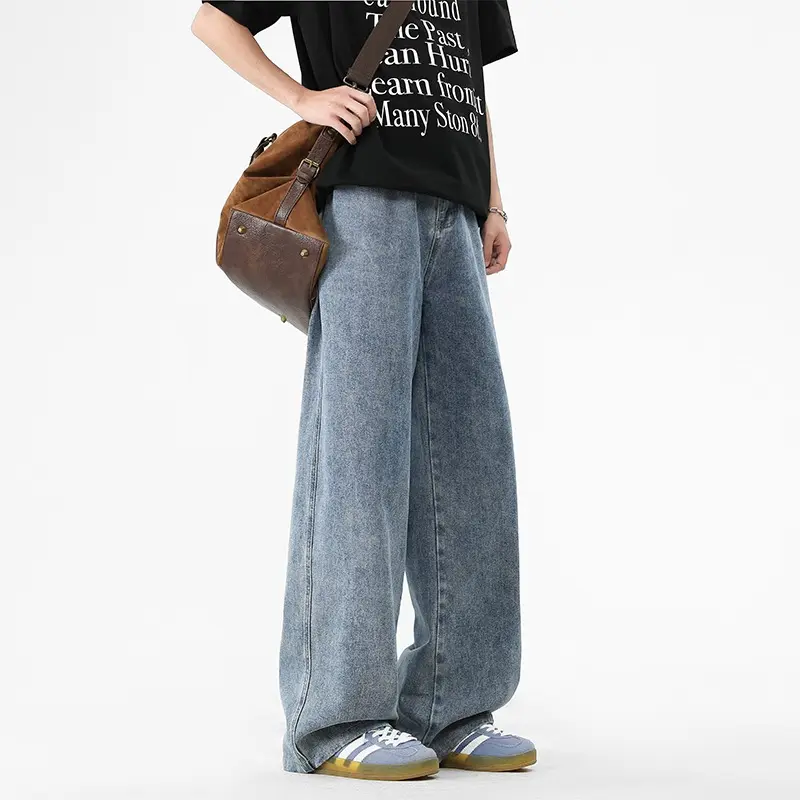 Four Seasons Washed Floor-length Jeans Solid-color Retro Standard  Loose Straight-leg Pants Workwear Casual Pants Humans Jeans