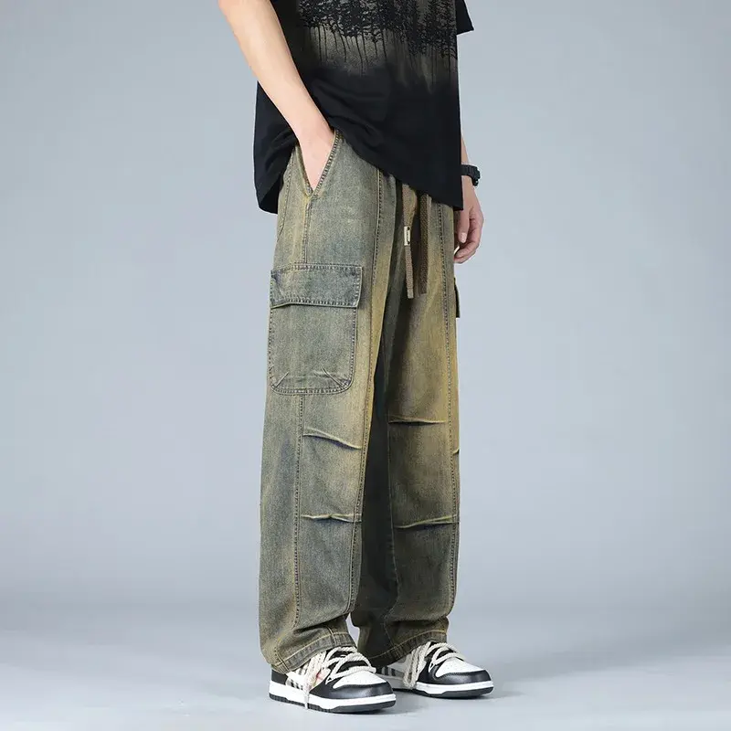 Men's Pants Street Wear Joggers Men Loose Straight Jeans Men's Retro New Stretch Waist Jeans Fashion High Street Men's Pants