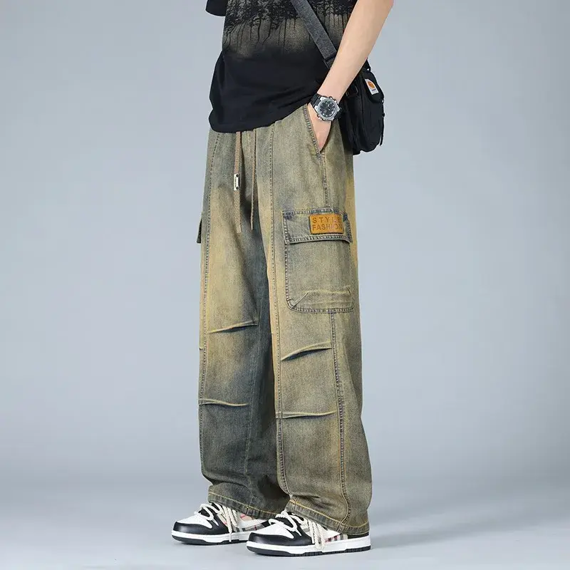 Men's Pants Street Wear Joggers Men Loose Straight Jeans Men's Retro New Stretch Waist Jeans Fashion High Street Men's Pants