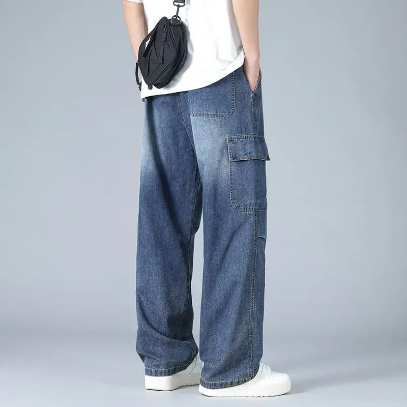 Men's Pants Street Wear Joggers Men Loose Straight Jeans Men's Retro New Stretch Waist Jeans Fashion High Street Men's Pants