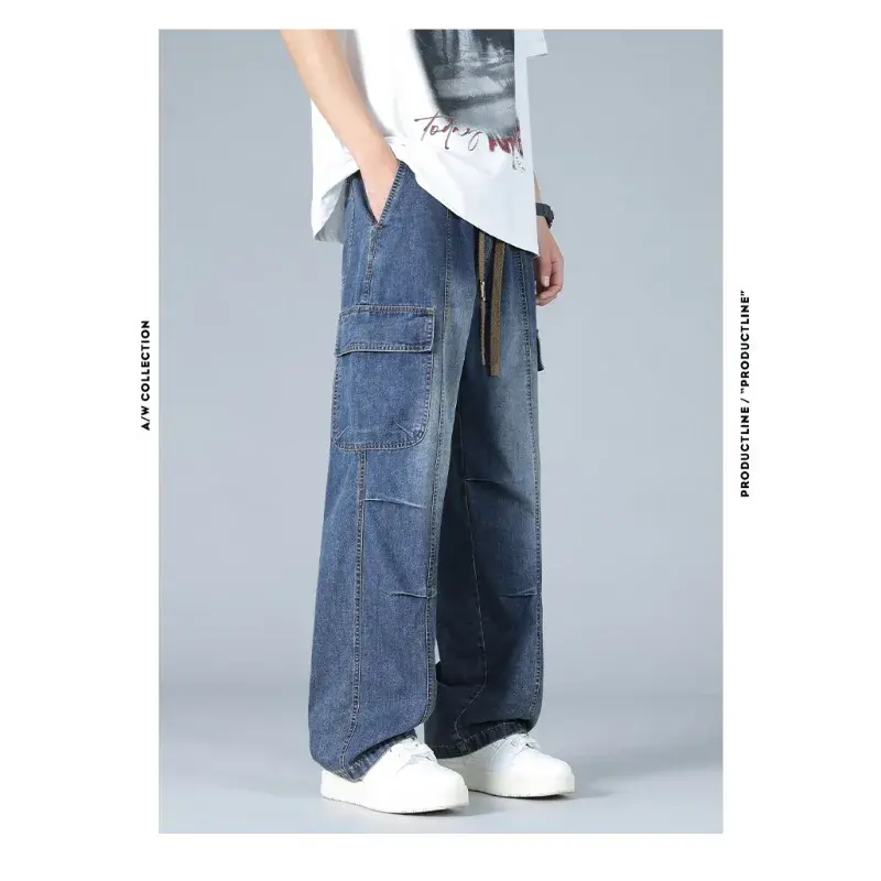 Men's Pants Street Wear Joggers Men Loose Straight Jeans Men's Retro New Stretch Waist Jeans Fashion High Street Men's Pants