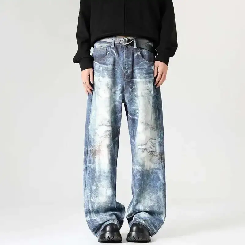 FEWQ American Style Men's Jeans Printing Pattern Contrast Color Niche Straight Bottom Wide Leg Male Jeans Personalized 24K2599