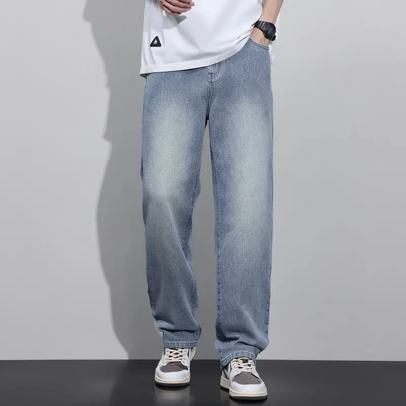 Spring 2025 New Men's Casual Jeans Korean Fashion Starry Sky Pattern Straight Loose Wide Jeans Solid Color Long Pants Mens Jeans