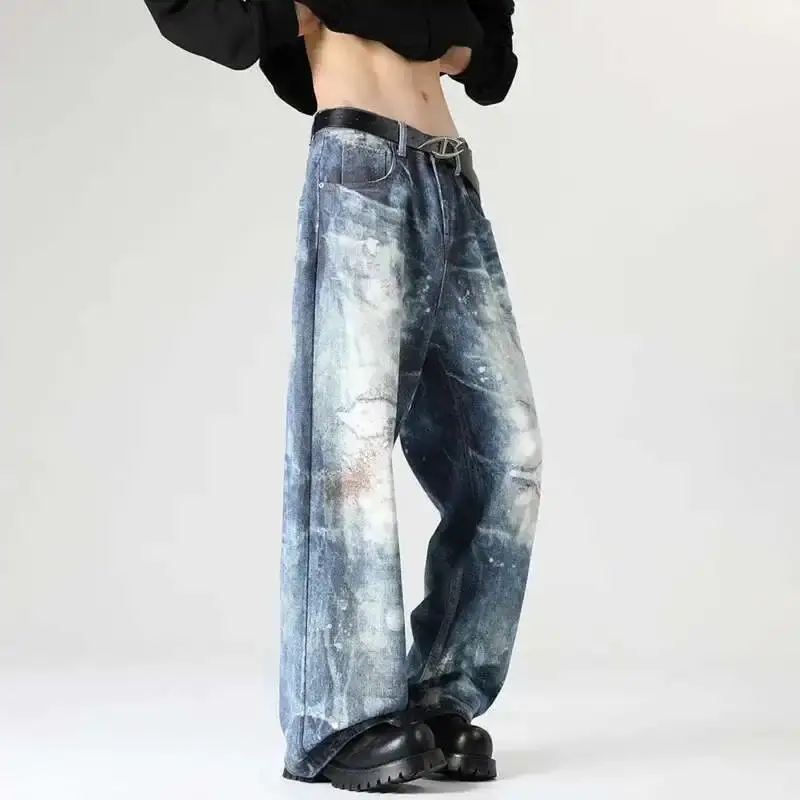 FEWQ American Style Men's Jeans Printing Pattern Contrast Color Niche Straight Bottom Wide Leg Male Jeans Personalized 24K2599