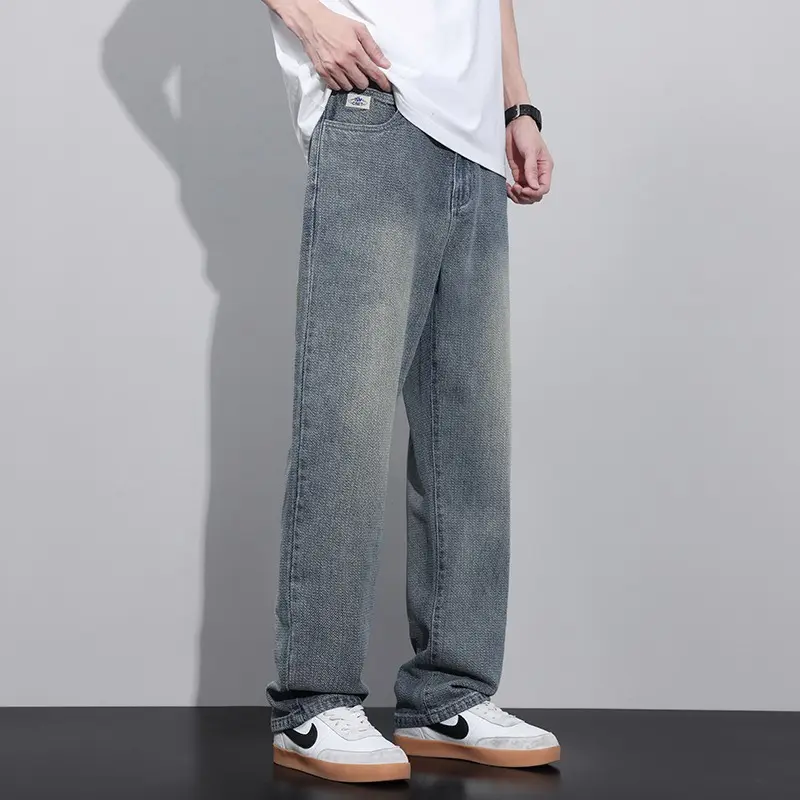 Spring 2025 New Men's Casual Jeans Korean Fashion Starry Sky Pattern Straight Loose Wide Jeans Solid Color Long Pants Mens Jeans
