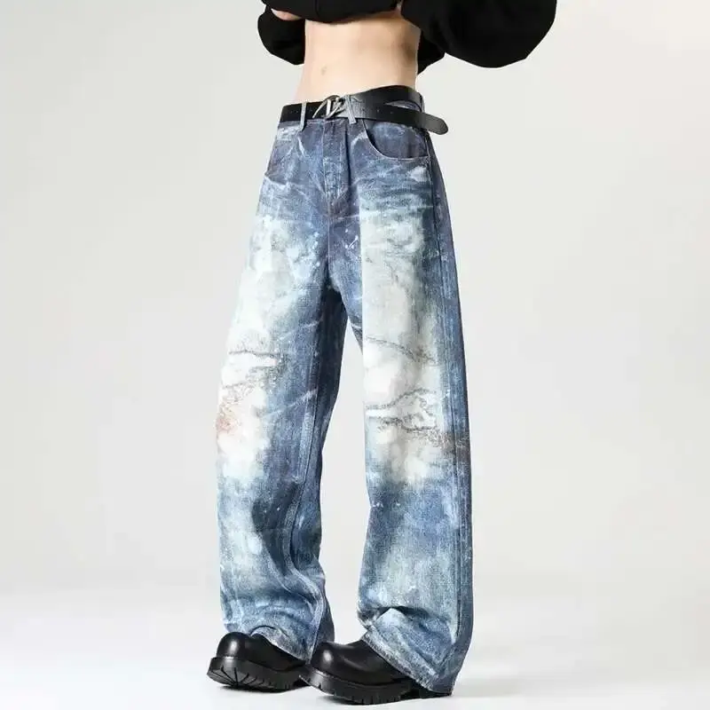 FEWQ American Style Men's Jeans Printing Pattern Contrast Color Niche Straight Bottom Wide Leg Male Jeans Personalized 24K2599