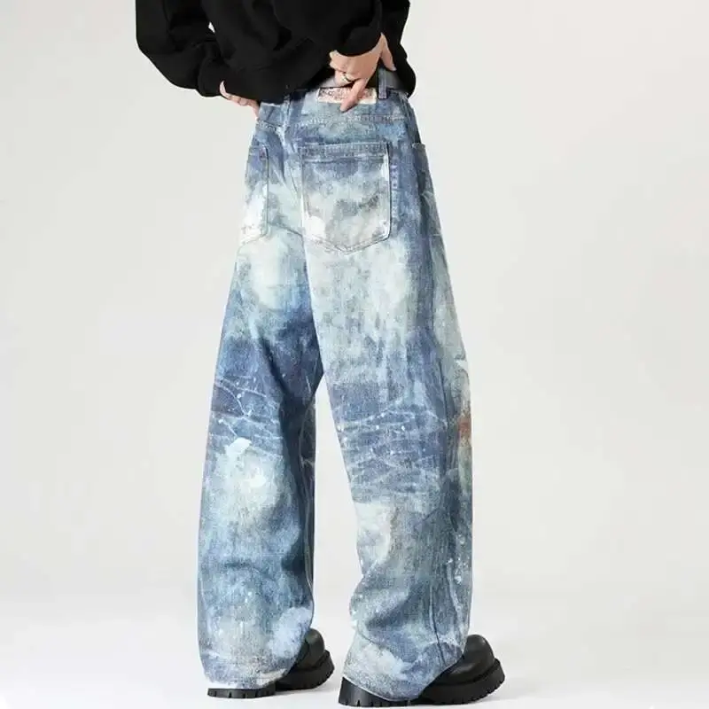 FEWQ American Style Men's Jeans Printing Pattern Contrast Color Niche Straight Bottom Wide Leg Male Jeans Personalized 24K2599