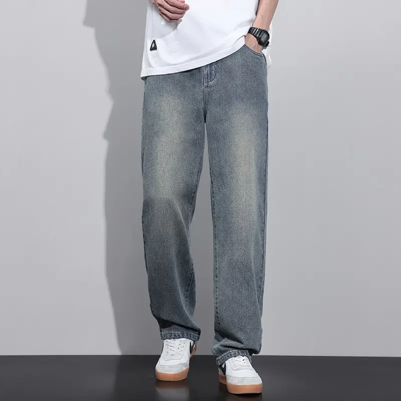Spring 2025 New Men's Casual Jeans Korean Fashion Starry Sky Pattern Straight Loose Wide Jeans Solid Color Long Pants Mens Jeans