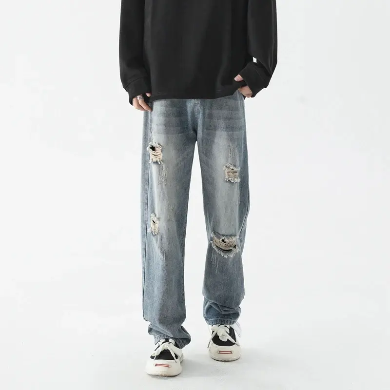 Men Broken Holes Jeans Male Trend of New Korean Version of Loose Versatile Do Old Straight Drag The Ground Work Pants