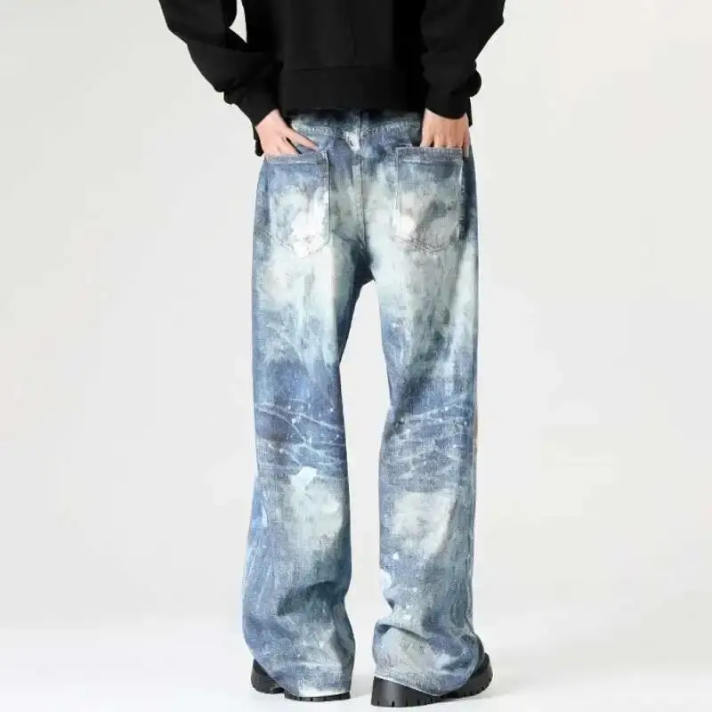 FEWQ American Style Men's Jeans Printing Pattern Contrast Color Niche Straight Bottom Wide Leg Male Jeans Personalized 24K2599