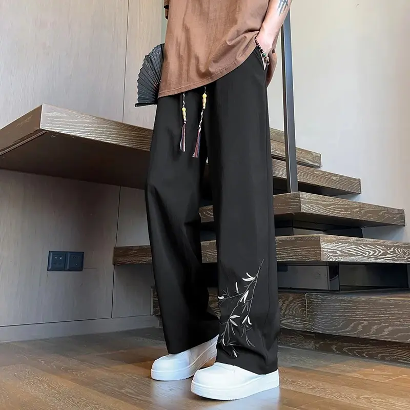 Ice Silk Pants Men's Summer Thin Loose Wide Leg Ice Silk Fashion Brand Chinese Style Cool Embroidery Casual Pants New Chinese