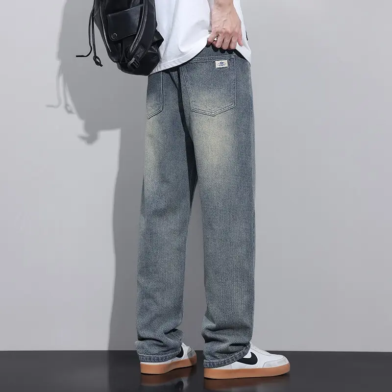 Spring 2025 New Men's Casual Jeans Korean Fashion Starry Sky Pattern Straight Loose Wide Jeans Solid Color Long Pants Mens Jeans