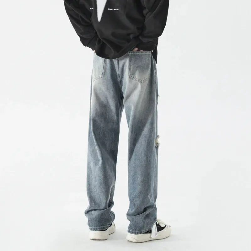 Men Broken Holes Jeans Male Trend of New Korean Version of Loose Versatile Do Old Straight Drag The Ground Work Pants