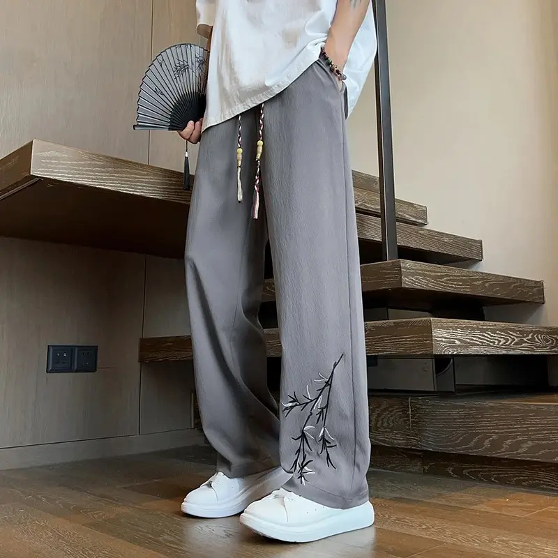 Ice Silk Pants Men's Summer Thin Loose Wide Leg Ice Silk Fashion Brand Chinese Style Cool Embroidery Casual Pants New Chinese