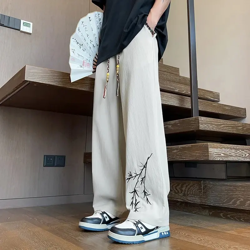 Ice Silk Pants Men's Summer Thin Loose Wide Leg Ice Silk Fashion Brand Chinese Style Cool Embroidery Casual Pants New Chinese