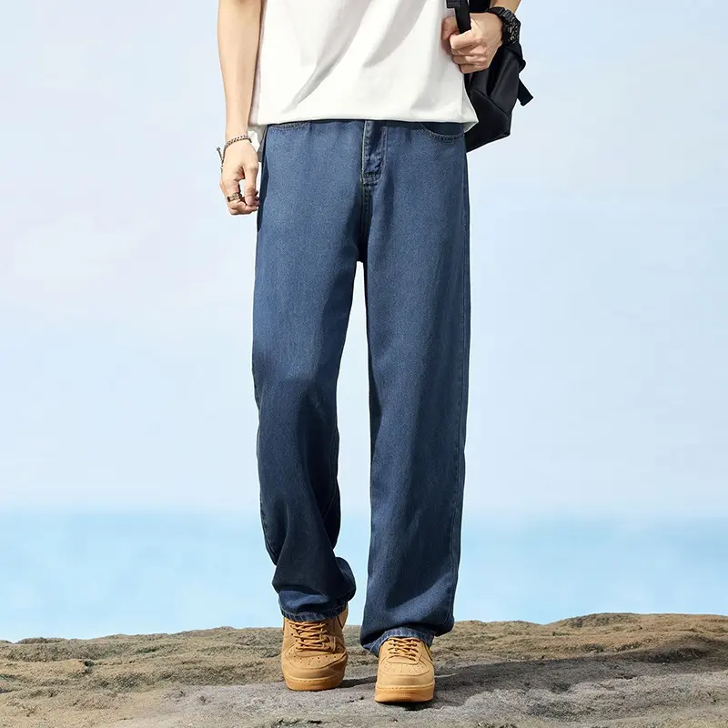 Ultra Thin Baggy Jeans Men's Summer New in Lyocell Soft Breathable Straight Trousers Elastic Waist Casual Blue Gray Wide Pants