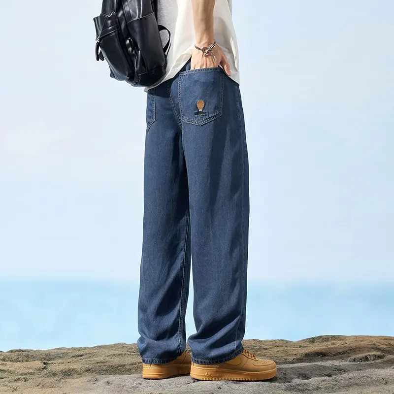 Ultra Thin Baggy Jeans Men's Summer New in Lyocell Soft Breathable Straight Trousers Elastic Waist Casual Blue Gray Wide Pants