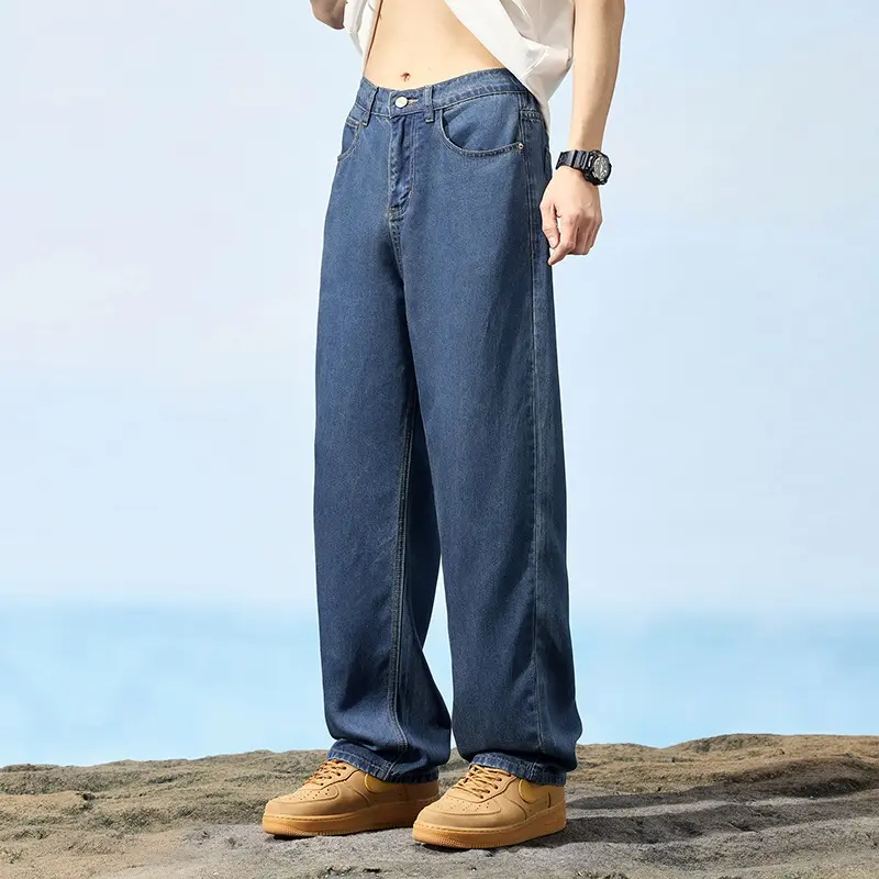 Ultra Thin Baggy Jeans Men's Summer New in Lyocell Soft Breathable Straight Trousers Elastic Waist Casual Blue Gray Wide Pants