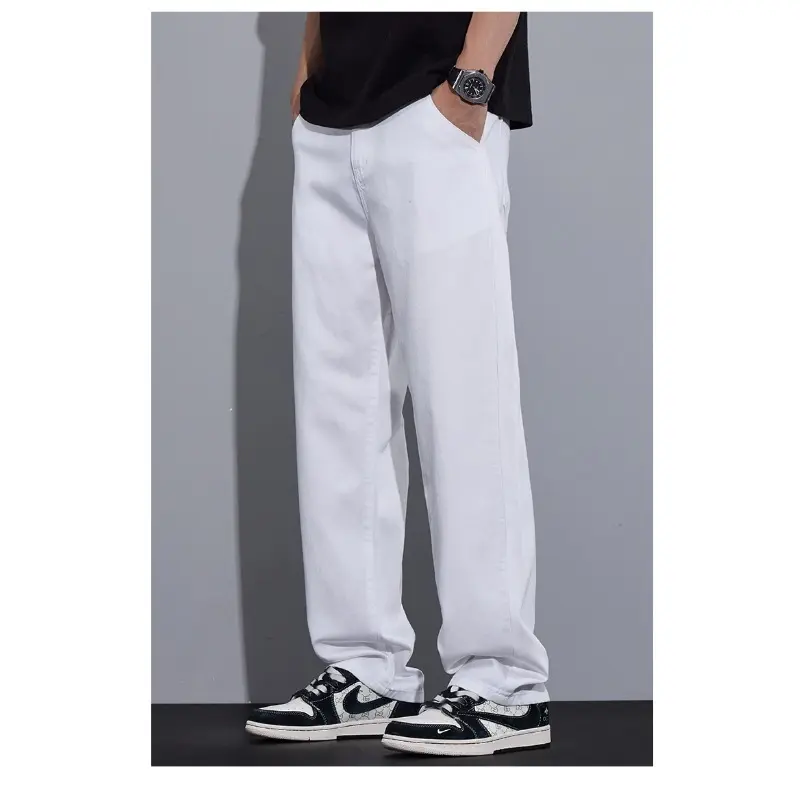 Men's White Jeans Summer Thin Ice Silk Loose Straight Leg Wide Leg Pants Fashionable Washed and Hanging Casual Versatile Pants