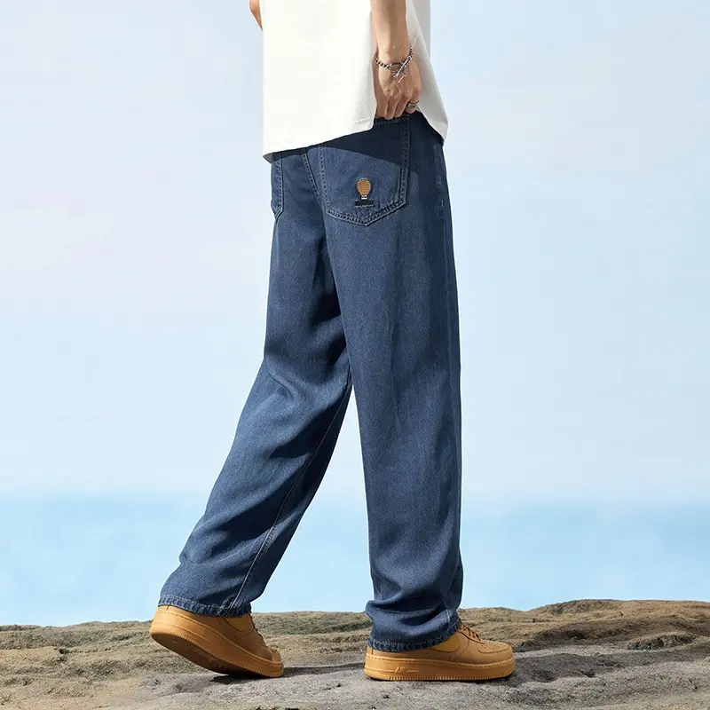 Ultra Thin Baggy Jeans Men's Summer New in Lyocell Soft Breathable Straight Trousers Elastic Waist Casual Blue Gray Wide Pants