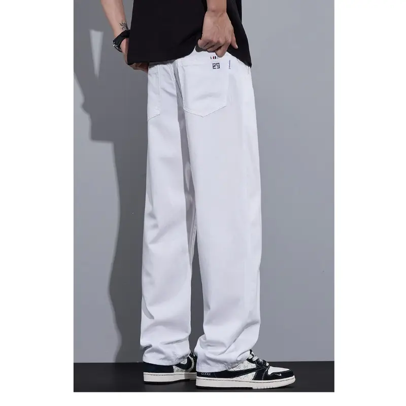 Men's White Jeans Summer Thin Ice Silk Loose Straight Leg Wide Leg Pants Fashionable Washed and Hanging Casual Versatile Pants