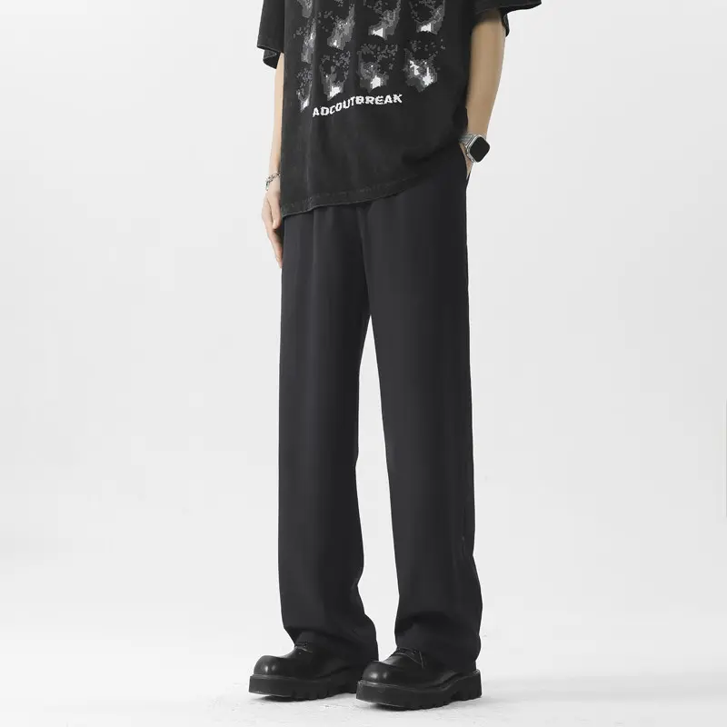 Casual Man Ice Silk Wide Leg Pants Solid Elastic Waist Sweatpants Jogger Trousers Sport Gym Baggy Pants for Men Suit Pants