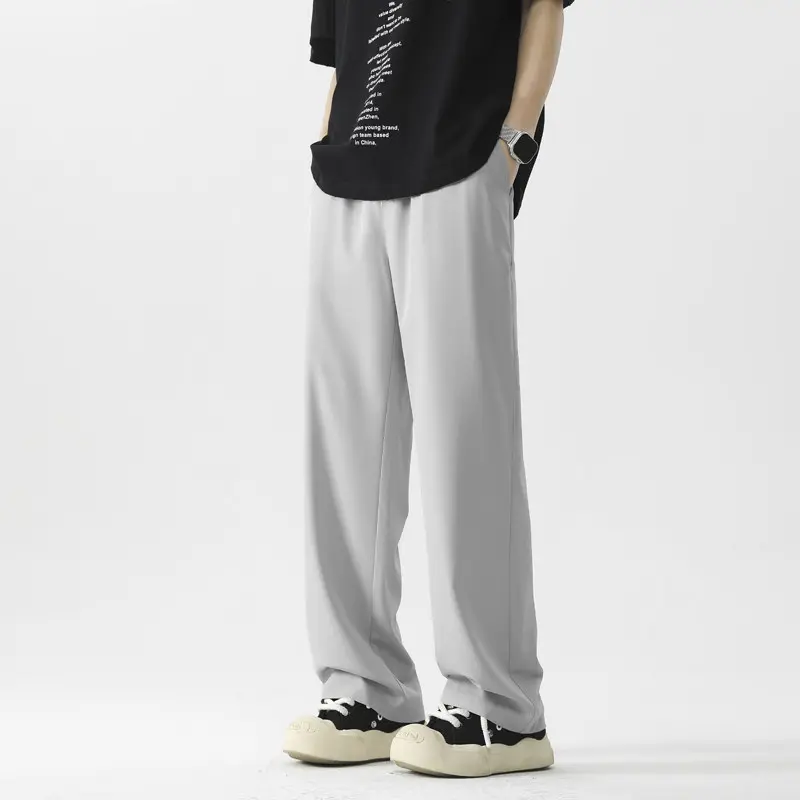 Casual Man Ice Silk Wide Leg Pants Solid Elastic Waist Sweatpants Jogger Trousers Sport Gym Baggy Pants for Men Suit Pants
