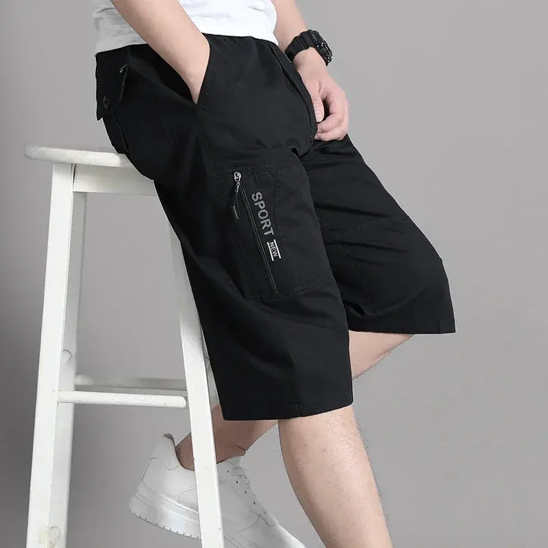 Men's Cargo Shorts Knee Pants Zipper Pocket Capri Pants Cotton Shorts for Men Elastic Waist Sports Short Pants Climbing Joggers