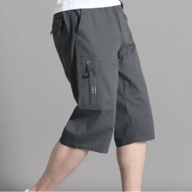 Men's Cargo Shorts Knee Pants Zipper Pocket Capri Pants Cotton Shorts for Men Elastic Waist Sports Short Pants Climbing Joggers