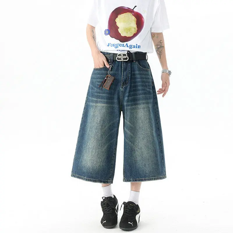 Men's jeans 8XL-M casual straight leg loose wide leg 2025 summer retro style multifunctional Large size seven quarter jeans
