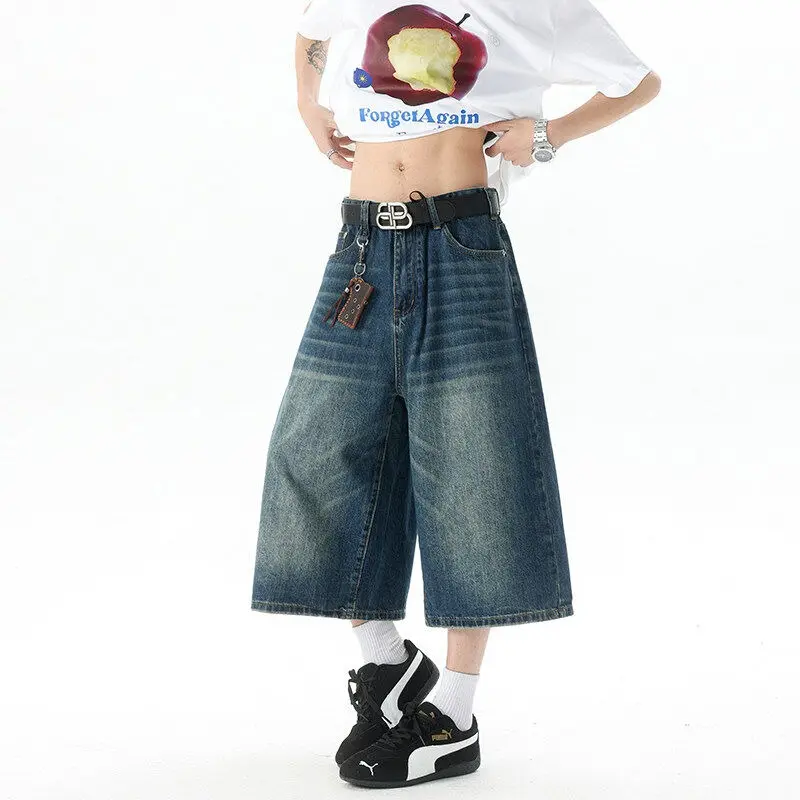 Men's jeans 8XL-M casual straight leg loose wide leg 2025 summer retro style multifunctional Large size seven quarter jeans