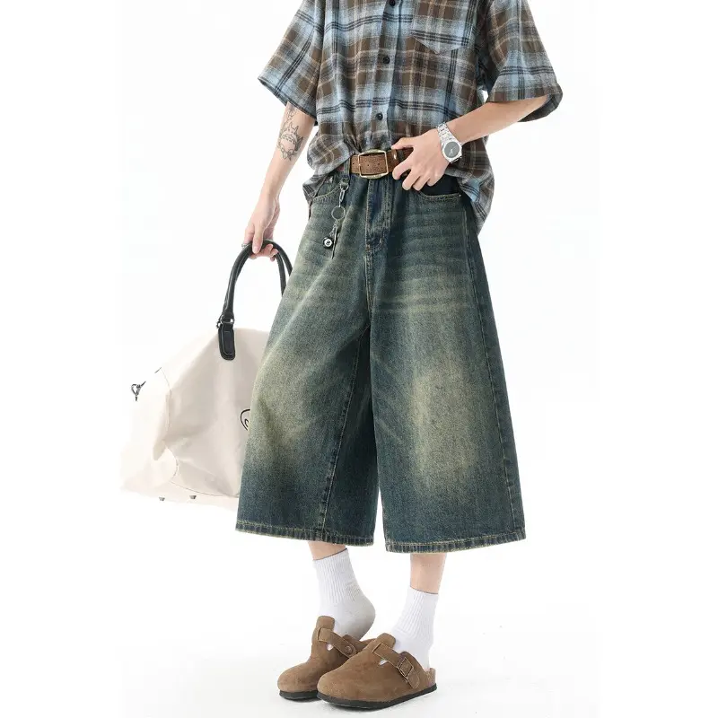 Men's jeans 8XL-M casual straight leg loose wide leg 2025 summer retro style multifunctional Large size seven quarter jeans