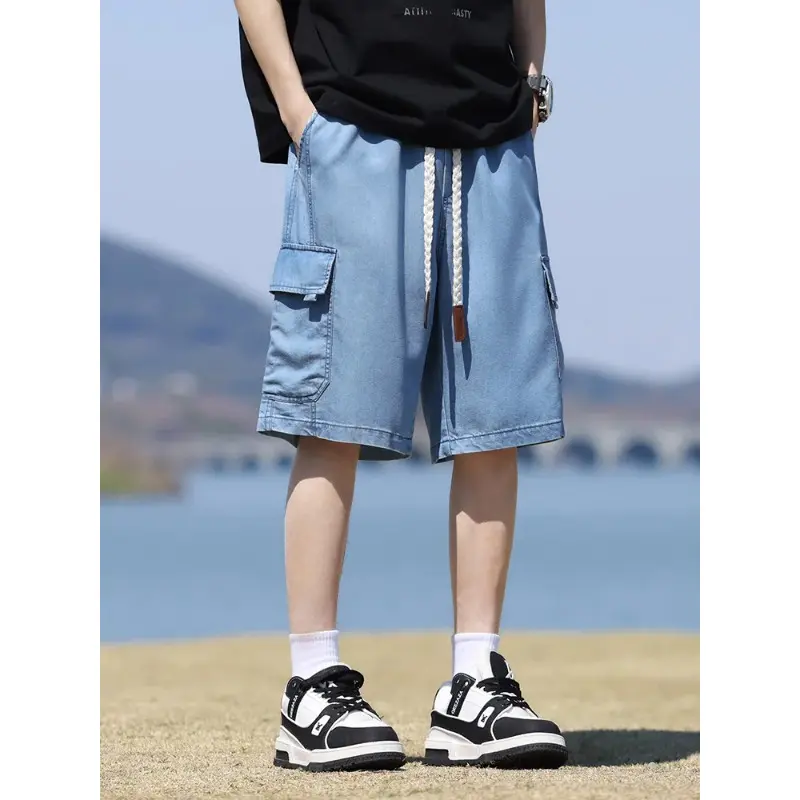 Summer Men's Denim Shorts Flap Pockets Cargo Jeans Shorts Big Size 8XL-M Lightweight Lyocell Baggy Jeans Short Pants