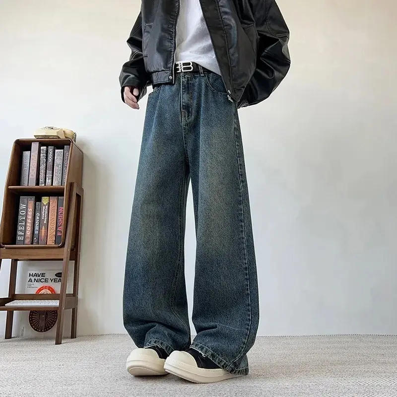 Men's Wide Leg Curved-Knife Jeans Summer American Bamboo Pattern Striped Texture Design Men Trendy Denim Pants 2025 Baggy Jeans