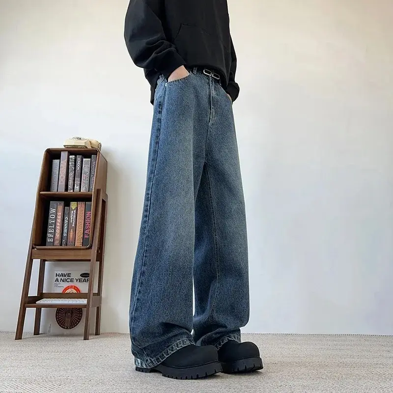 Men's Wide Leg Curved-Knife Jeans Summer American Bamboo Pattern Striped Texture Design Men Trendy Denim Pants 2025 Baggy Jeans