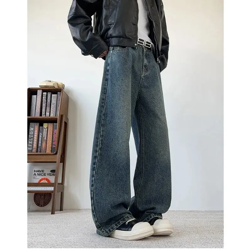Men's Wide Leg Curved-Knife Jeans Summer American Bamboo Pattern Striped Texture Design Men Trendy Denim Pants 2025 Baggy Jeans