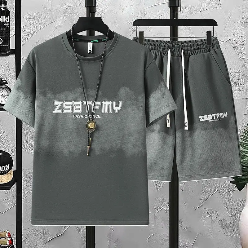 Casual Sports Suit High Street Men Clothing Summer Loose Men's Tracksuit Sets Letter Printed T-shirts Shorts 2 Piece Sets Korean