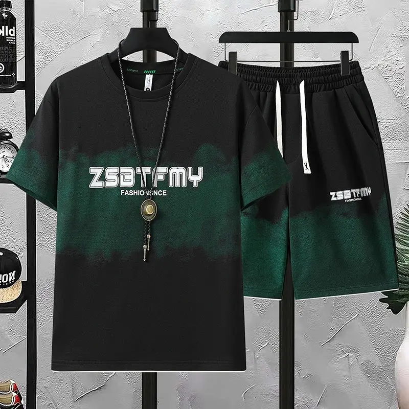 Casual Sports Suit High Street Men Clothing Summer Loose Men's Tracksuit Sets Letter Printed T-shirts Shorts 2 Piece Sets Korean