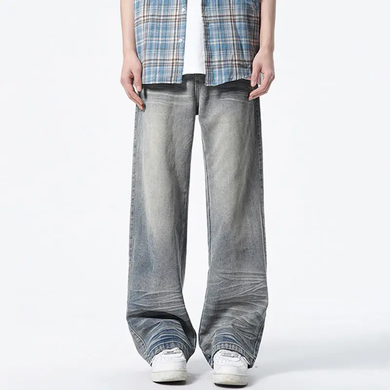 Summer New Male Jeans Straight Cat Whiskers Wide Leg Men's Denim Pants American Washed Nostalgic Design Bottoms Jeans for Men
