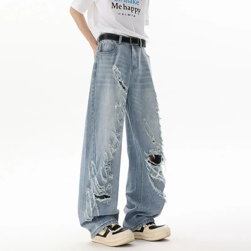 Men Trendy Solid Color Hole Denim Pants American Style Distressed Tie Dye Jeans Korean Men's Washed Loose Wide Leg Ripped Jeans