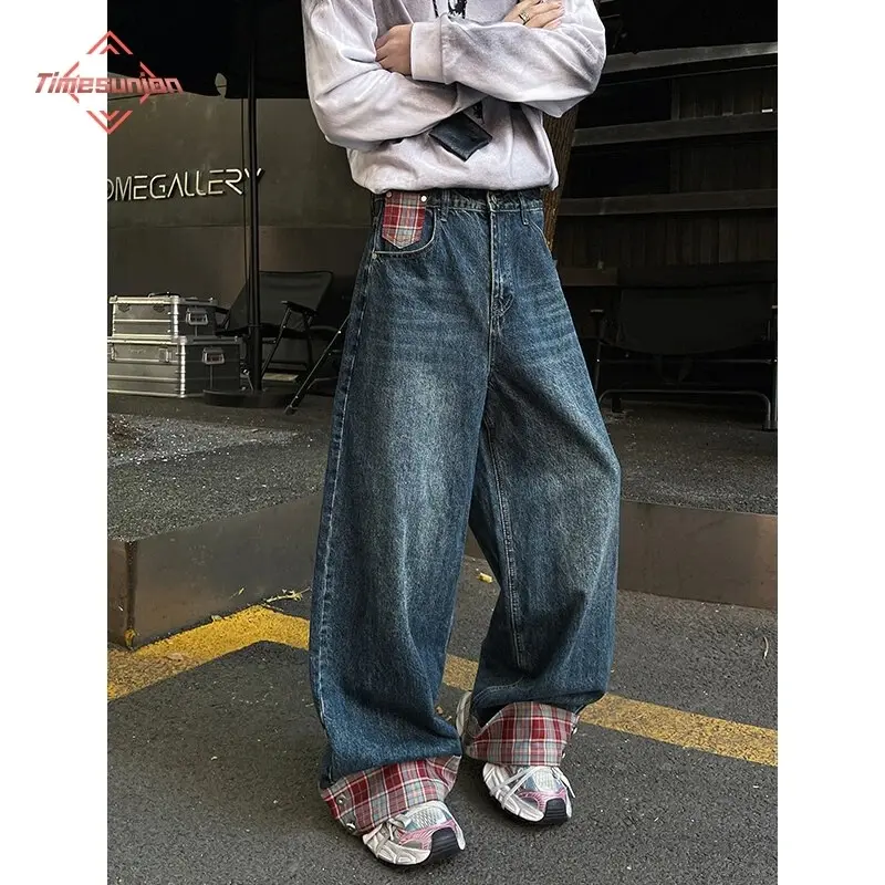 Casual Jeans Male Brand Wide Leg Blue Denim Pants 8XL-M Simple Vintage Outside High Street Denim Trousers Large Size