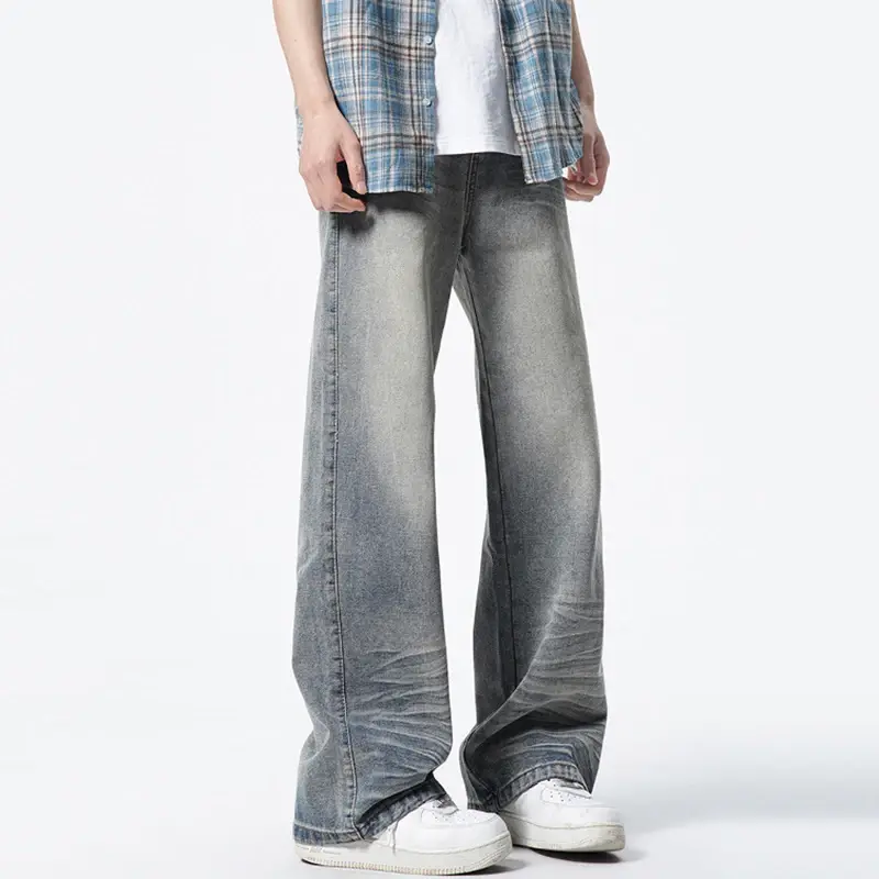 Summer New Male Jeans Straight Cat Whiskers Wide Leg Men's Denim Pants American Washed Nostalgic Design Bottoms Jeans for Men