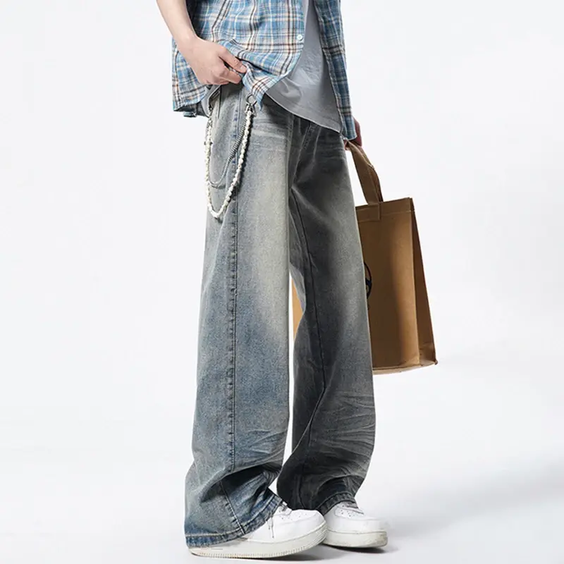 Summer New Male Jeans Straight Cat Whiskers Wide Leg Men's Denim Pants American Washed Nostalgic Design Bottoms Jeans for Men