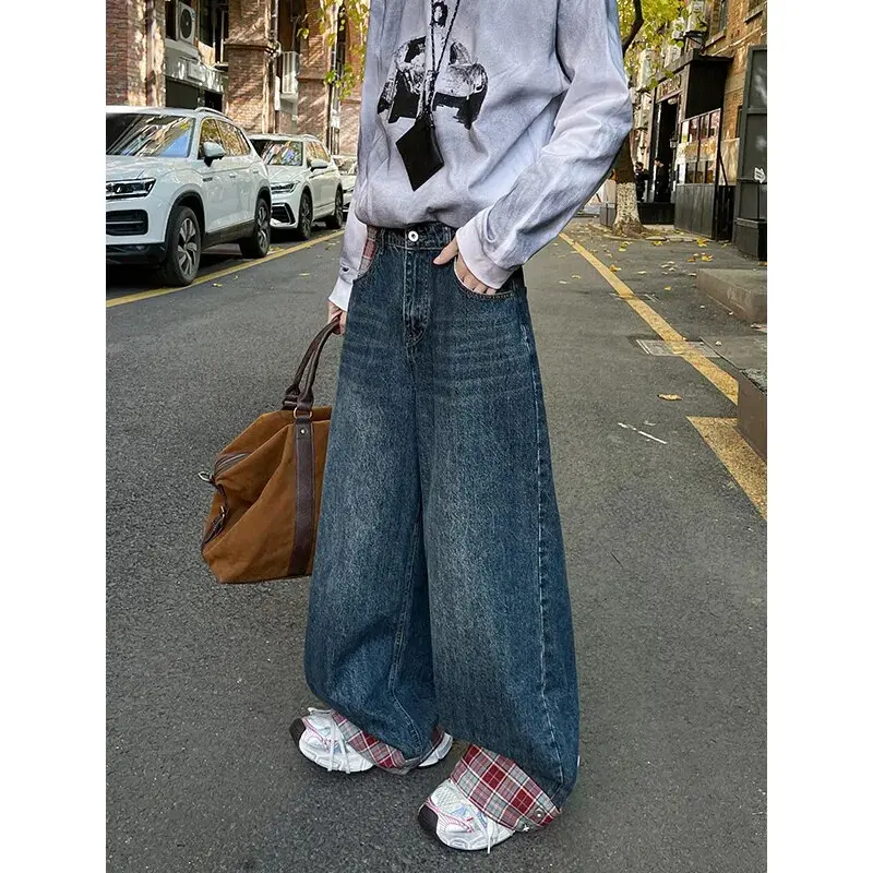 Casual Jeans Male Brand Wide Leg Blue Denim Pants 8XL-M Simple Vintage Outside High Street Denim Trousers Large Size